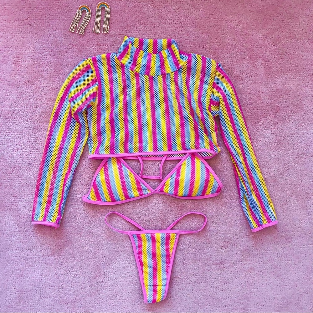 Rainbow fishnet 3 piece rave set